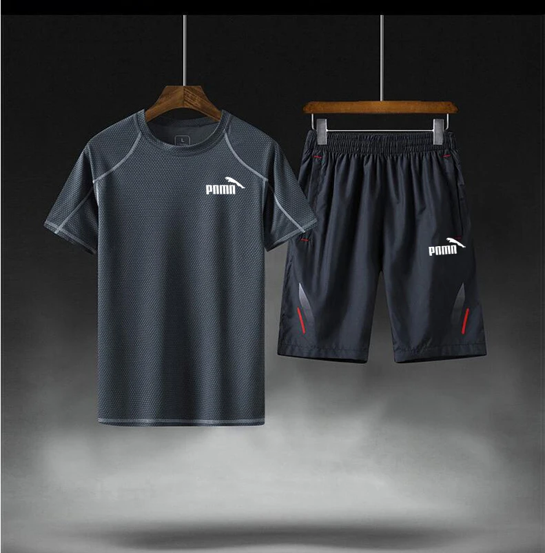 

Brand men's sportswear kit short sleeve sports sport shirt running 2pcs suit for soccer gym fitness t-shirts+zipper shorts sets