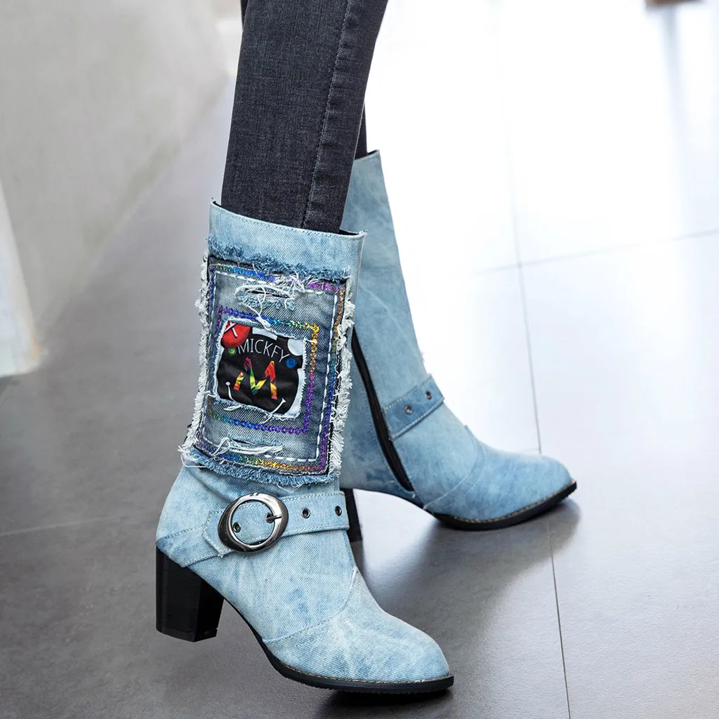 Женские высокие сапоги из джинсовой ткани Винтажная обувь на толстом каблуке с круглым носком женские ботильоны в Западном рыцарском стиле на среднем каблуке с пряжкой и ремешком для женщин