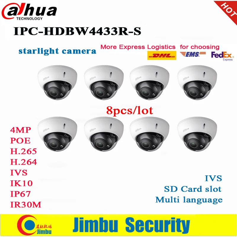 

Dahua 4MP IP Camera IPC-HDBW4433R-S 8pcs/lot H2.65 IR30M night vision with Micro SD memory 128G IP67, IK10 cctv camera