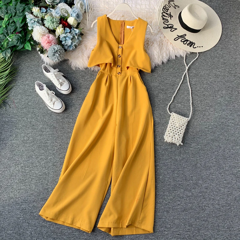 Elegant Wide Leg Jumpsuit Playsuit Women Fashion Single Breasted Ruffles Solid Sleeveless Long Romper Summer Casual Streetwear