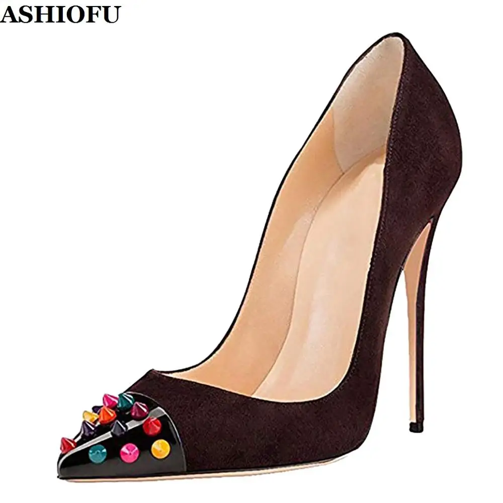 

ASHIOFU Handmade High Heel Pumps Rivets Spikes-toe Party Prom Dress Shoes Slip-on Club Evening Fashion Pumps Shoes