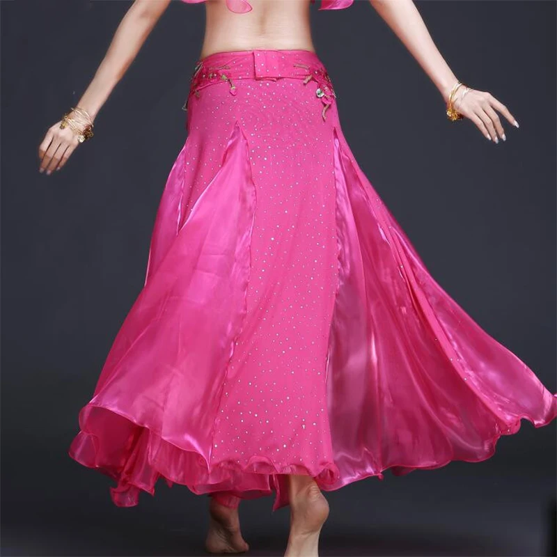 only rose skirt Живота юбка для танцев для восточных танцев двойные Разрезы Юбка юбка, костюм для танца живота Для женщин танца живота юбка(без ремня - Цвет: only rose skirt