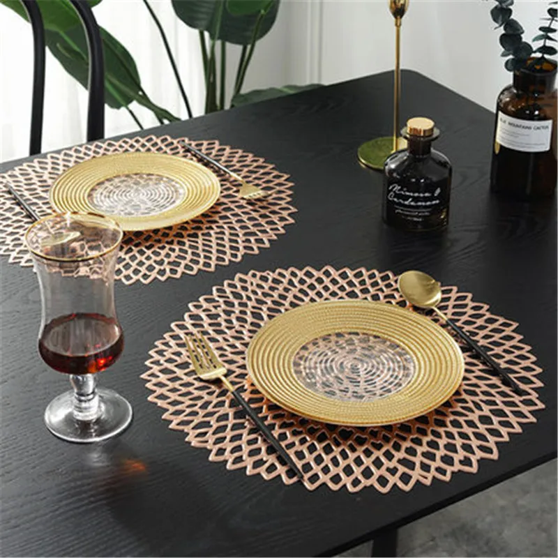 

PVC Placemat For Dining Table Plastic Hollow Pad Round Baroque Mediterranean Coaster Pads Table Bowl Mats Home Decoration 36cm