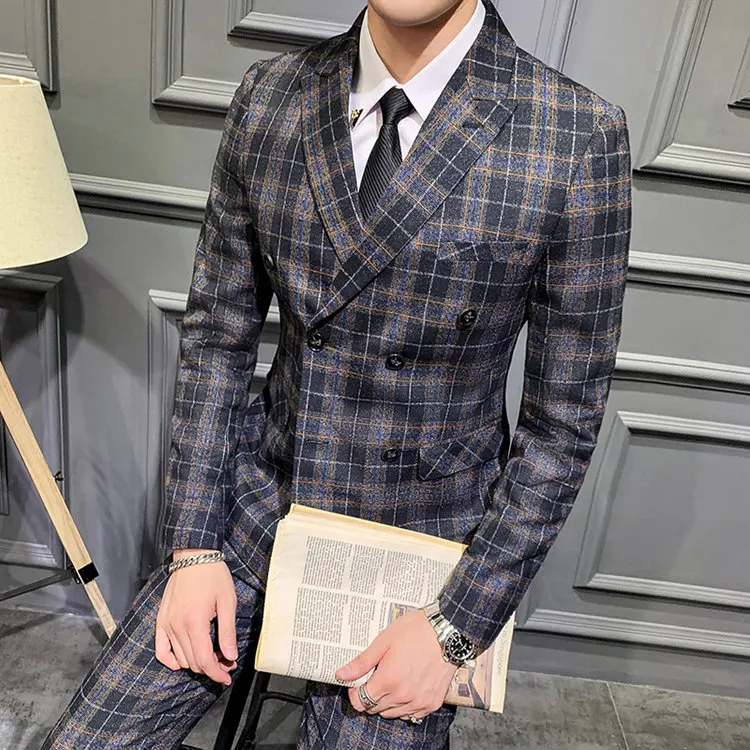 Черный, серый, синий клетчатый костюм для мужчин Slim Fit Свадебное платье для мужчин из трех частей s двойные приталенные пиджаки сценическое элегантное платье Q763 - Цвет: Black Grey