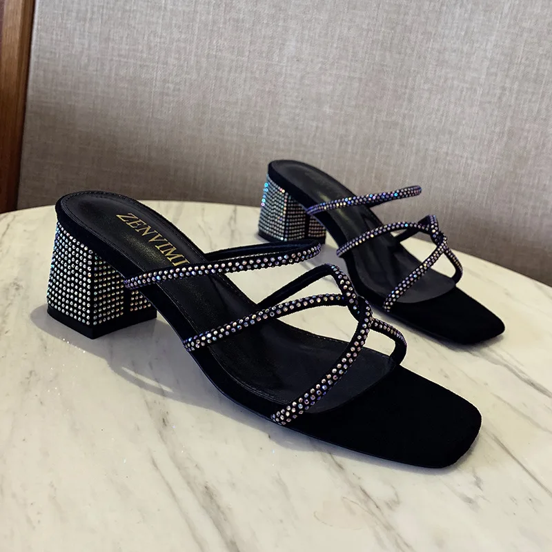 

Slipper Women 2020 Spring Summer New Style Square Heel Crystle High Heels Slides Shoes Sexy Women Fashion Shoes