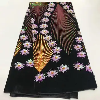 

New gold magenta African Lace Fabric With Sequins Velvet 2019 Latest Fabric High Quality Velvet Tulle Sequins Lace Fabric Dress