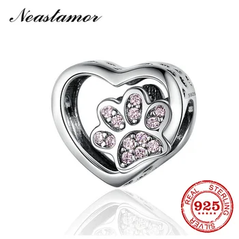 

New 925 Sterling Silver Heart Dog Paw Pink Enamel DIY fine beads Fit Original Pandora Charm Bracelet Pendant Silver 925 Jewelry