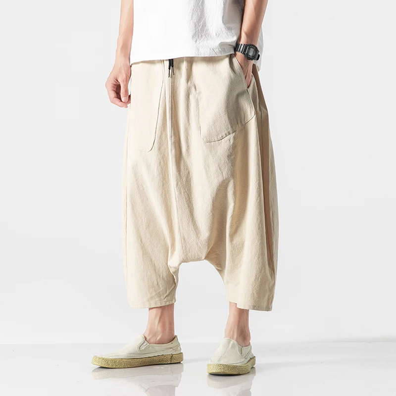Хлопковые льняные мужские широкие брюки летние мужские повседневные укороченные брюки мужские спортивные брюки однотонные мешковатые брюки с большим карманом