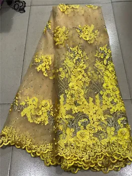 

High Quality Fashion lace Fabric Latest yellow Nigerian Tulle Lace Fabric With Beads Stone French lace Fabric FW423