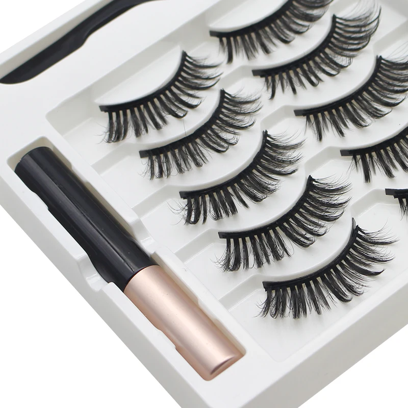 Fake Eyelashes AILEISHI 5 Pairs 3D Magnetic Eyelashes Magnet Eyeliner Handmade Fake lashes Waterproof Liquid Long Lasting Eyelashes Set Makeup
