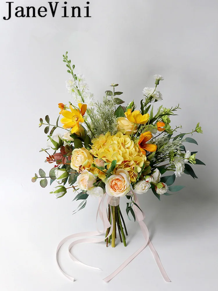 JaneVini Silk Wedding Bouquet Blue Flowers Bridal Bouquets Handmade Rose Leaf Yellow Brides Bridesmaids Bouquet Ramo Artificial