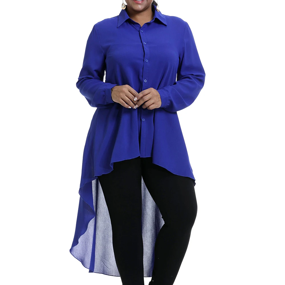 

6XL Ruffle Asymmetrical Blouse Women Front Dip Hem Tops Woman Casual Solid Colour Long Shirts Plus Size Long Sleeve Blouses D30