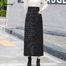 Женские зимние стильные юбки размера плюс 3XL с пуговицами спереди и высокой талией, теплые хлопковые зимние юбки длиной до середины икры, длинная юбка