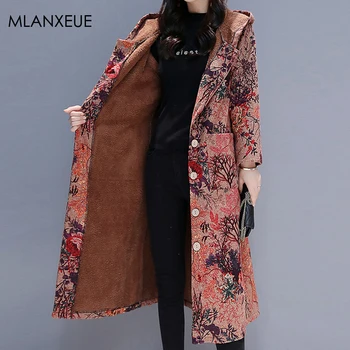 

Print Cotton Liner Winter Hooded Parka Coats Women Hardy Warm Plus Size Hoodies Coat Long Jackets Female Floral Autumn Outerwear