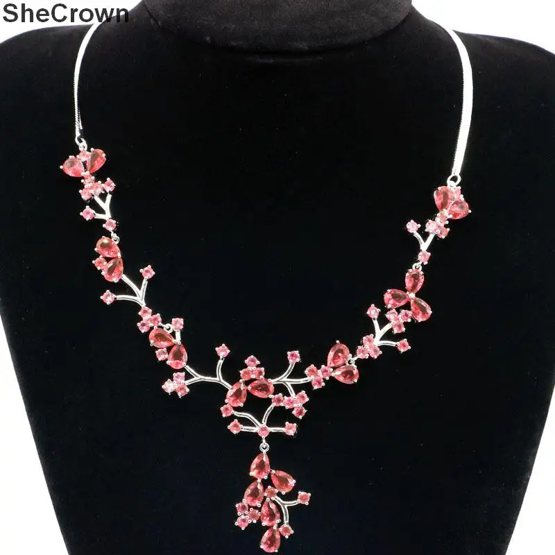 

26x21mm Gorgeous Created Pink Raspberry Rhodolite Garnet Woman's Wedding Silver Necklace 19-20inch