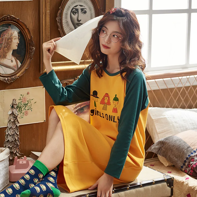 

QUEENX sleepwear Nightdress Spring and Autumn Women's Long-Sleeved Cotton Sweet Cute Student Large Size Sexy Loose robe sets