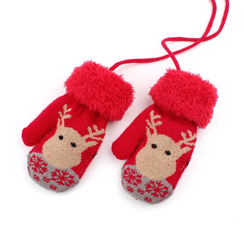 Sparsil, детские зимние вязаные кашемировые перчатки с рождественским оленем, теплые, толстые, полный палец, варежки для малышей, висящие на шее, перчатки