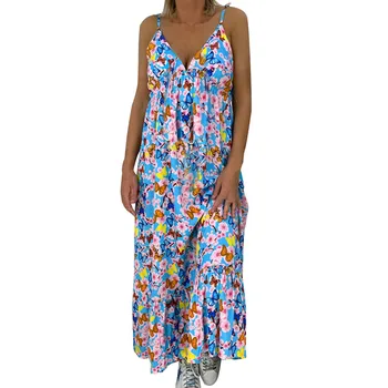 

JAYCOSIN Boho floral print Women's summer dress Loose Sleeveless Bandage Ankle-Length plus size beach Maxi sundress robe 9806