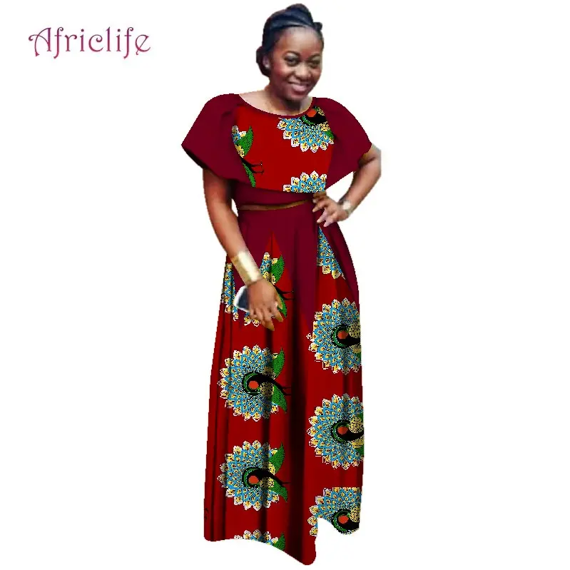 В африканском стиле элегантные Для женщин летнее, длинное, макси платья комплект из двух предметов 2019 г. пикантные укороченный топ юбки