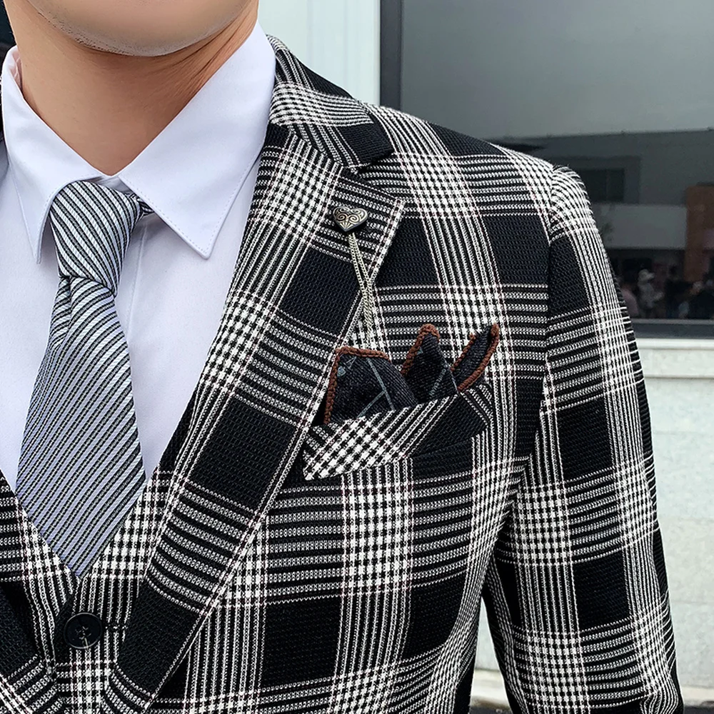 Wonderful Groom Male Wedding Prom Suit lattice Slim Fit Tuxedo Men Formal Business Work Wear Suits 3Pcs Set(Blazer+Pants+Vest