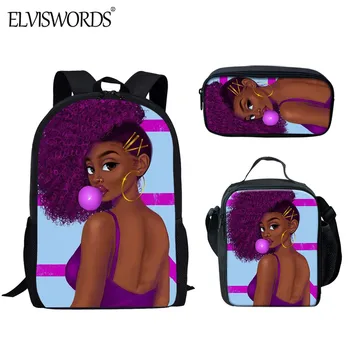 

ELVISWORDS Fashion African Black Girls Print Children 2020 Back to School Backpack Cartoon Schoolbag Set Kids Book Bag mochila