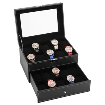 

Watch Box 20 Mens Case Glass Top Display Organizer Lockable Black Home Storage ANd Organization