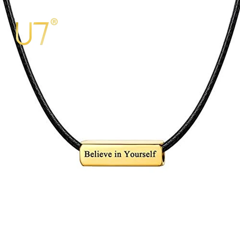 U7 Custom 4-Side Bar Necklace Engrave Date Name Number Pendant on 2mm Black Wax Leather Chain Necklaces for Men Women