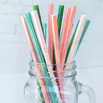 

125pcs Iridescent Paper Straws Pastel Pink Aqua White Green Colors for Mermaid Party Unicorn Theme Shimmer Drinking Straws