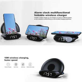 

Portable Safe Vertical Fast Charging With Alarm Clock Bracket LED 10W QI Digital Wireless Charger Universal Travel Dock