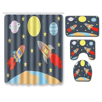 

4Pcs/Set Print Shower Custain Bath Toilet Set Waterproof Fabric Bathroom Mats Rugs with Hooks Cartoon Space