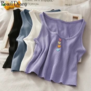 

Pearl Diary Women Summer Knitting Vest Simple Underwear Rib Crop Top Rib Plain Sexy Camisole Cotton Sleeveless Button Tank Top