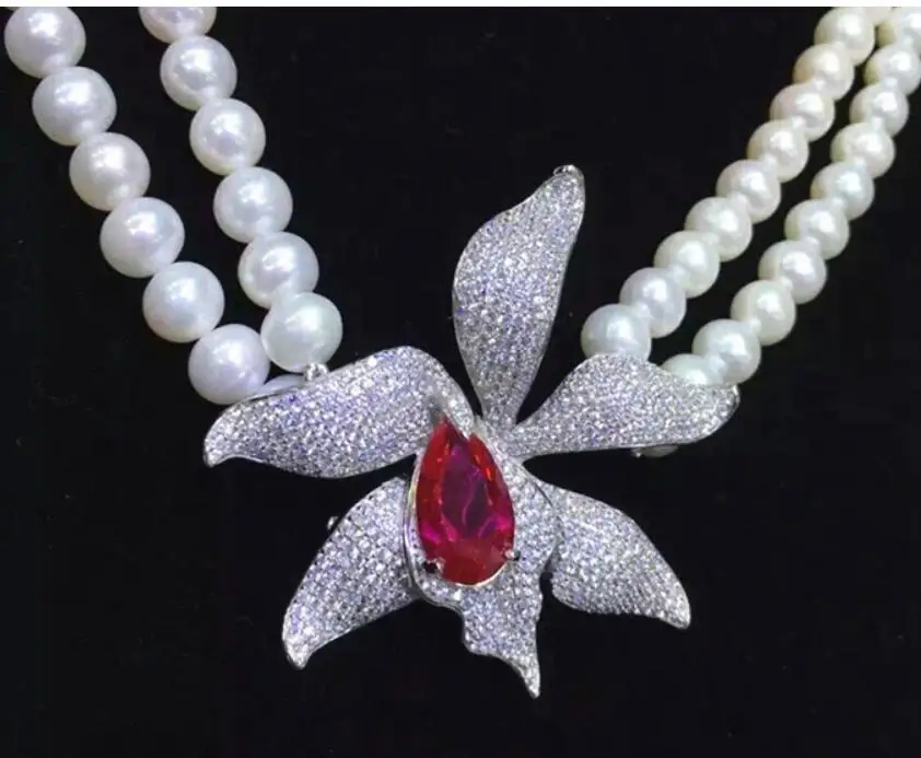 luxury multi-stone zircon flower connector 2row 8-9mm White freshwater Pearl Necklace