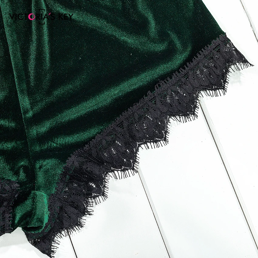 VICTORIA'S KEY, Рождественская сексуальная пижама, Женский бархатный пижамный комплект, кружевной топ на бретельках и с бантом, короткий, Осень-зима, пижамный комплект, зеленая ночная рубашка