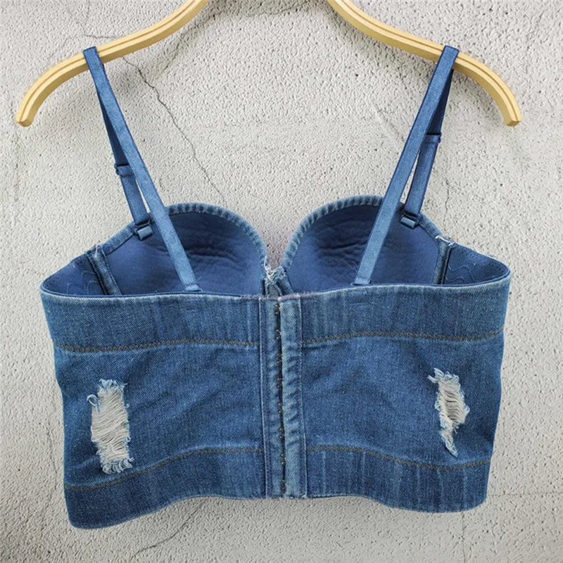 2020 New Women Denim Caims Bustier Bra Cropped Top Sexy Vest Diamond Push Up Crop Top Tank Women Clothes Adjustable
