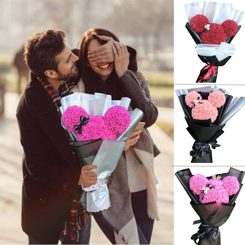 

Mickey Flower Bouquet Rose Bubble Eternal Flower Bear for Wedding Mother Day Valentine's Day Gift or Home Party Decoration