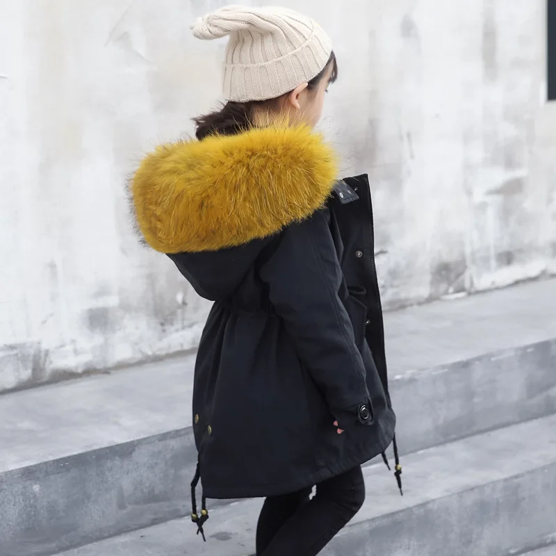 Новая зимняя куртка с кроличьим мехом для девочек; Детское пальто с капюшоном и отстегивающимся мехом енота для мальчиков; детские куртки; парки; TZ103 - Цвет: black yellow