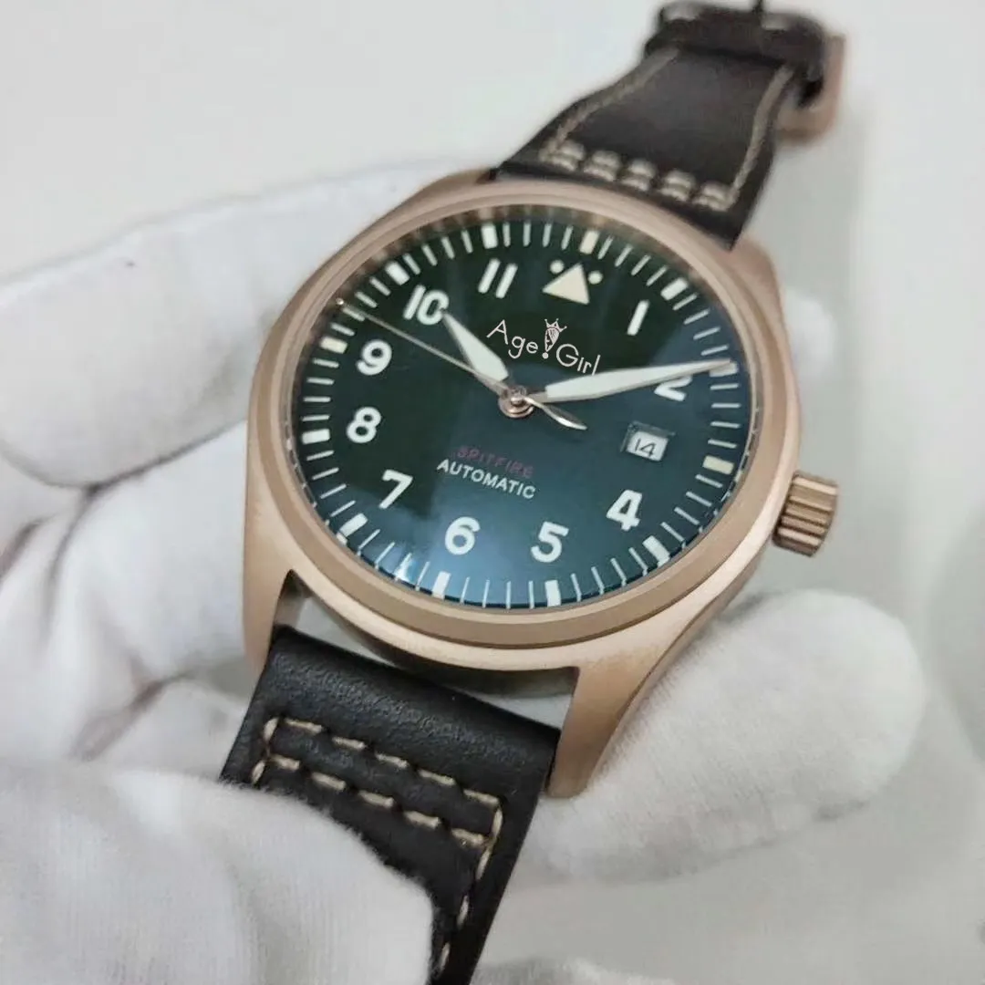 

Famous Brand New Men Automatic Mechanical Pilot Rose Gold Brown Cow Leather Stainless Steel Sapphire Green Canvas Sport Watch