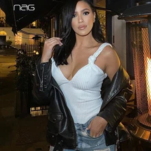 NewAsia Double Layers Ribbed Bodysuit White Knotted Shoulder Backless Sexy Bodysuits Women Knit Sleeveless Body Suit Club Outfit