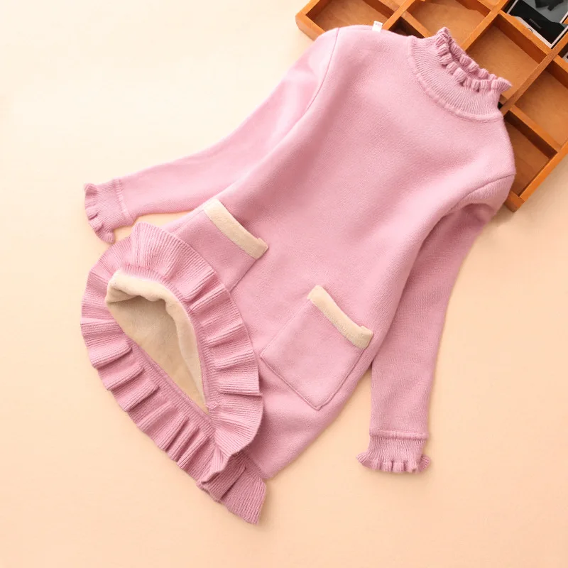 

Girls sweater Winter Long sleeve tops Turtleneck Plus thick Velvet Sweaters Medium-length sweater Ruffles Collar and bottom