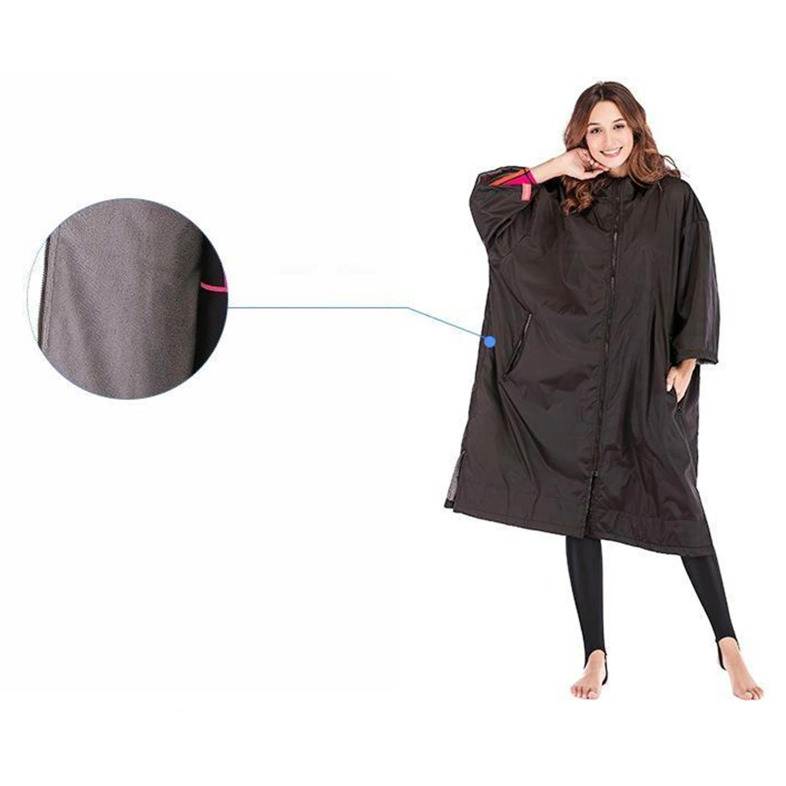 Adult Waterproof Changing Robe 3/4 Sleeve Beach Changing Robe Jacket Outdoor Windbreaker Cloak Fleece Lining Coat Poncho