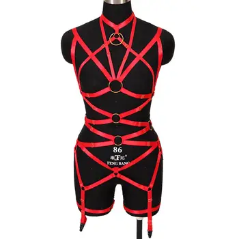 

Red Full Body Harness Bra Women Sexy Top High Waist Belt Garter Stockings Suspender Lingerie Punk Goth Plus Size Halloween Dance