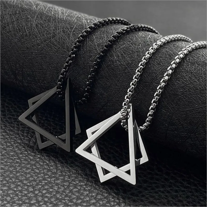 Popular Interlocking Square Triangle Male Pendant For Men Stainless Steel Modern Trendy Geometric Stacking Streetwear Necklace