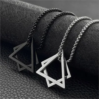 Popular Interlocking Square Triangle Male Pendant For Men Stainless Steel Modern Trendy Geometric Stacking Streetwear Necklace