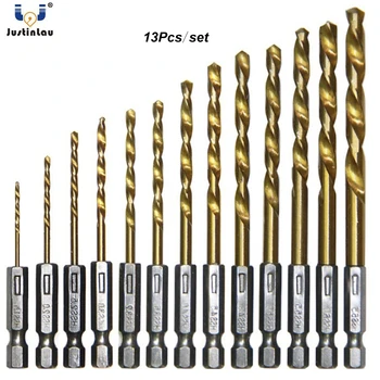 

JUSTINLAU 13Pcs/set Titanium Coated HSS Drill Bit Set for Metal Power Tools Drill Accessories 1/4" Hex Shank Twist Drill Bit