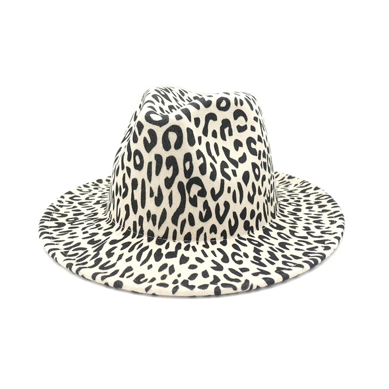 Beige White fedora FS леопардовая шляпа-федора для мужчин и женщин, бежевая белая шерстяная шляпа с широкими полями, Панама, вечерние фетровые шляпы в стиле джаз на каждый день - Цвет: Beige White fedora