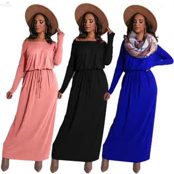 

Women Long Maxi Dress Long Sleeve Slash Neck Solid Casual Dress Sashes Loose Casual Night Clubwear Beach Dress Women Party Dress