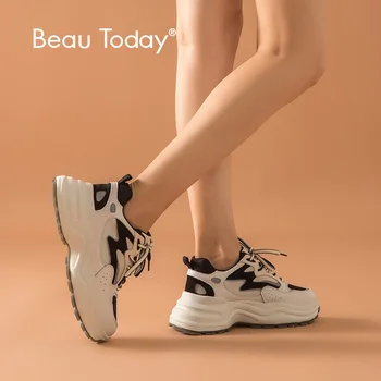 

BeauToday Chunky Sneakers Women Cow Leather Mesh Retro Style Lace-Up Mixed Colors Lady Casual Thick Shoes Handmade 29326