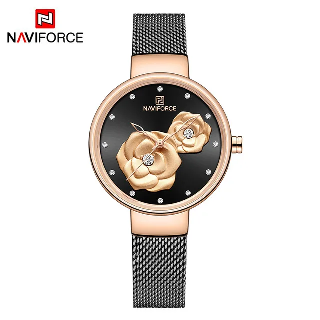 NAVIFORCE, роскошные женские часы, модные, креативные, 3D, розовое золото, женские наручные часы, стальной ремешок, водонепроницаемые часы, Relogio Feminino - Цвет: black