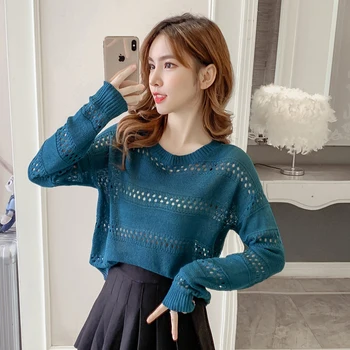 

COIGARSAM Full Sleeve blouse women New Knitting Thin Hollow Out blusas womens tops and blouses White Green Yellow 8110