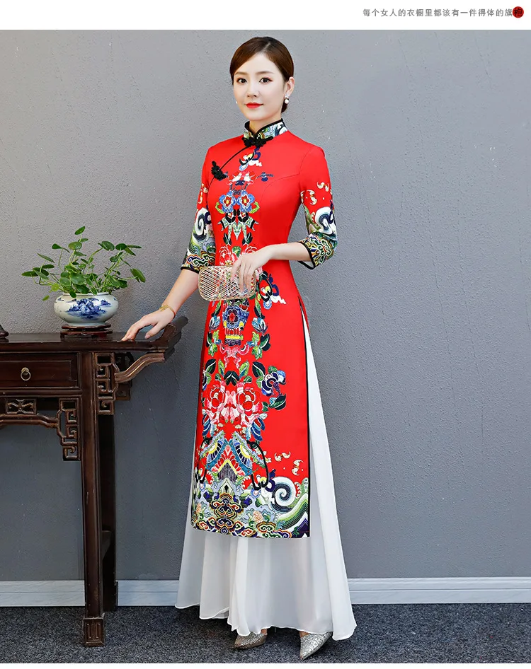 Аозай Вьетнам Новое поступление 2019 qipao платье для женщин традиционная одежда аозай платья женские длинные восточные красные печатные